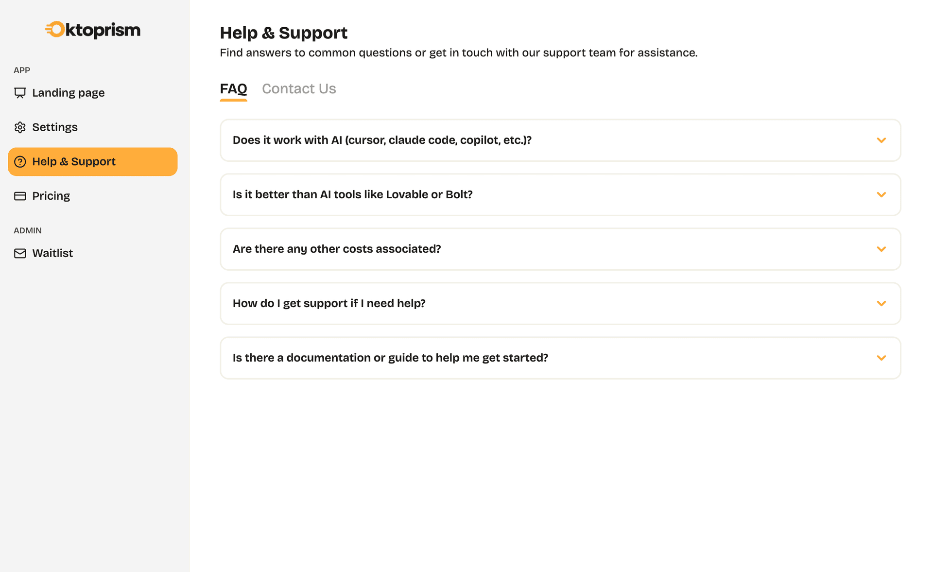 Oktoprism help center page