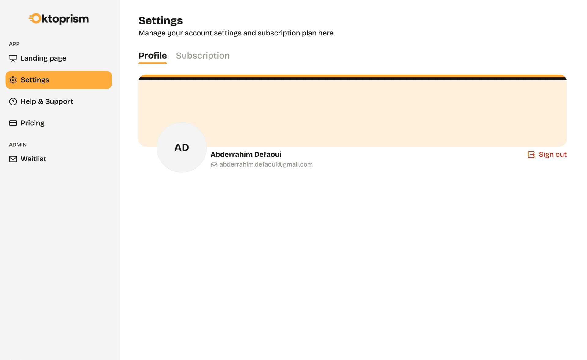 Oktoprism profile settings page